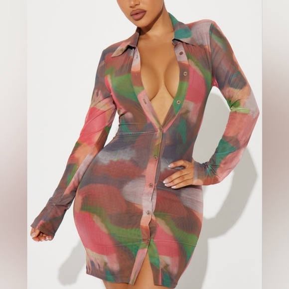 Fashion Nova Dresses & Skirts - Fashionova Tied Died Mesh Button Down Long Sleeve Dress. Small NWT